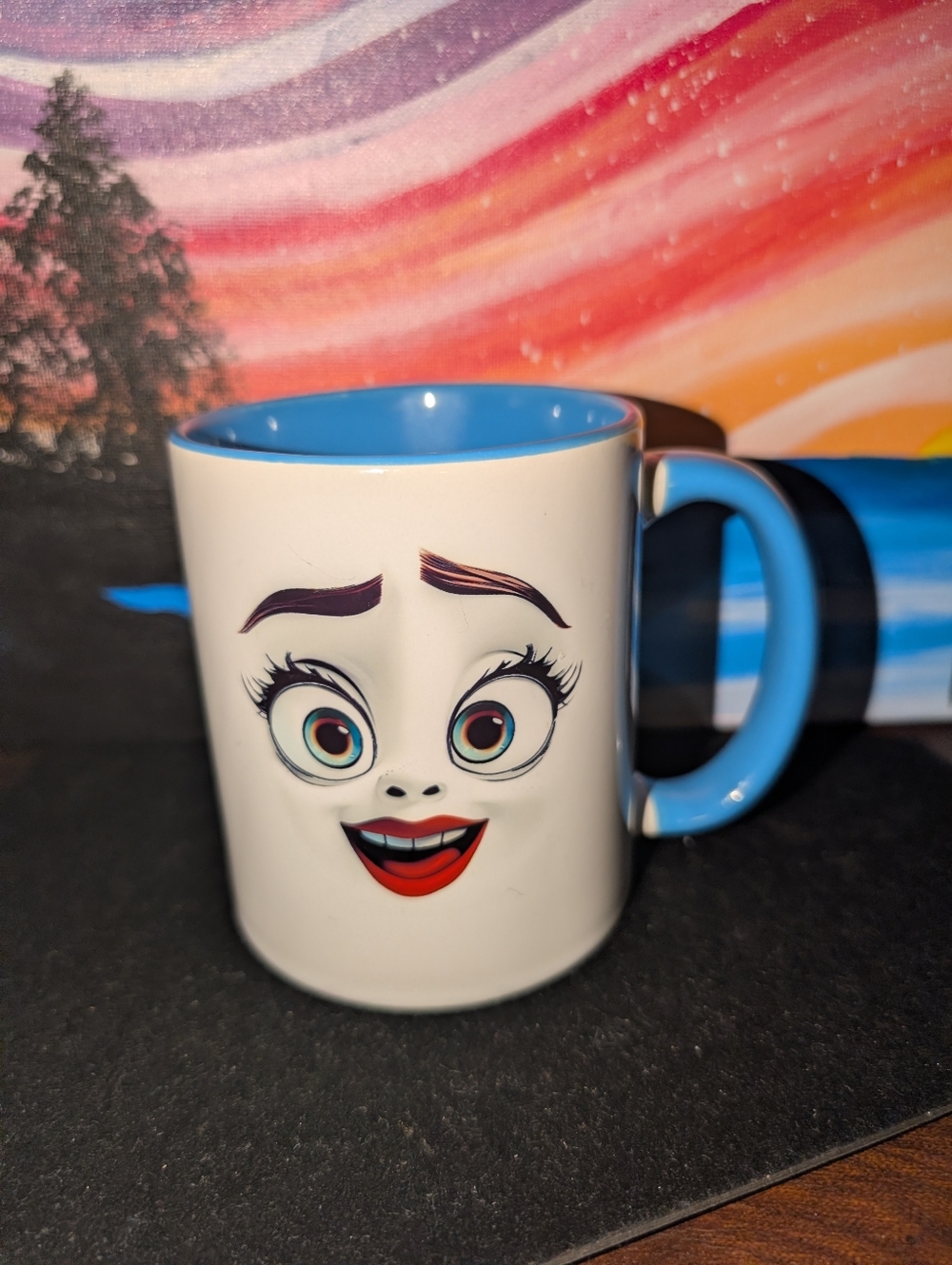 Blue-Accent Ceramic Character Mug with Smiling Face